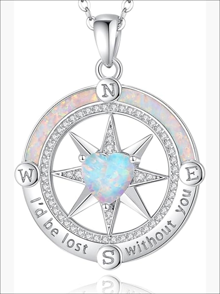 Sterling Silver Compass Necklace With Opal Pendant Fine Jewelry